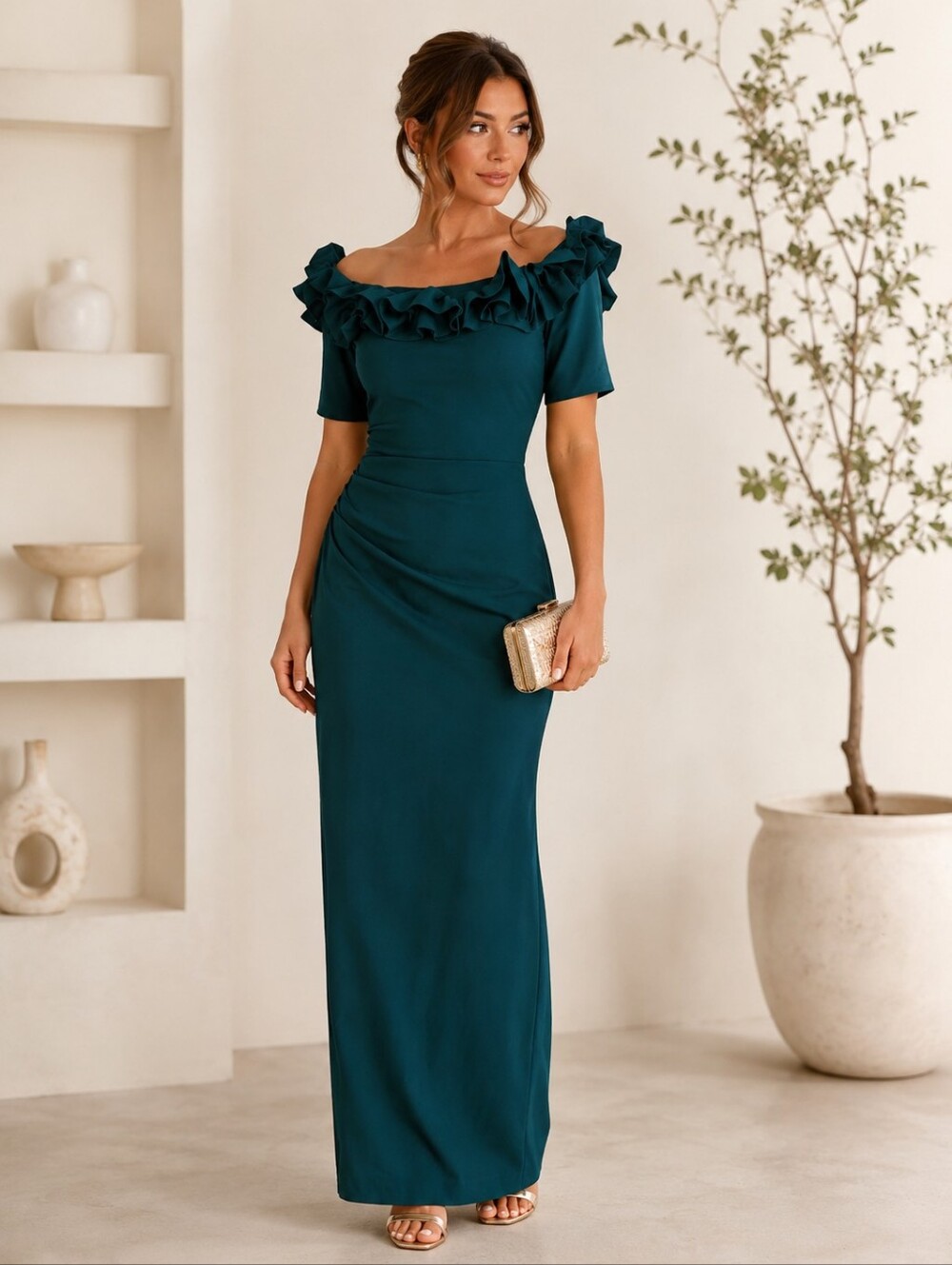 XSCAPE Isla Scuba Crepe Off Shoulder Ruffle Maxi Gown Pine Green Size 14